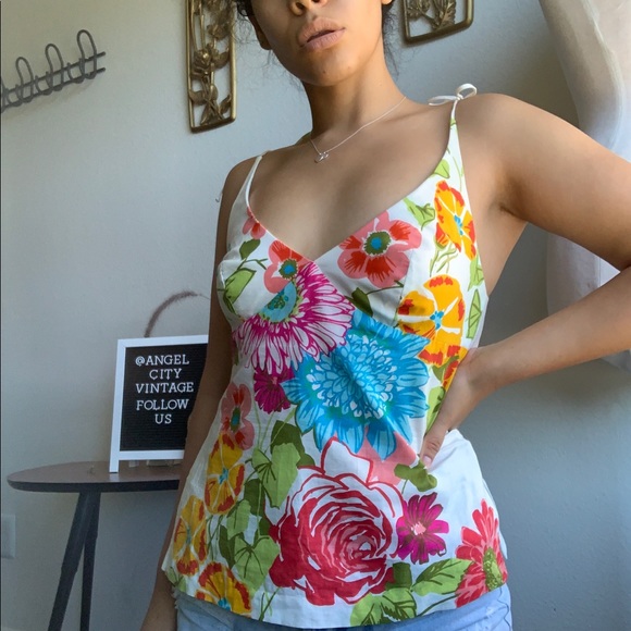 Vintage Trina Turk Floral Tie Tank Top Blouse - Picture 6 of 8